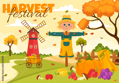 Happy Harvest Festival Vector Illustration of Autumn Season Background with Pumpkins, Maple Leaves, Fruits or Vegetables in Flat Cartoon Templates