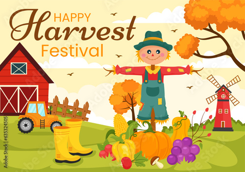 Happy Harvest Festival Vector Illustration of Autumn Season Background with Pumpkins, Maple Leaves, Fruits or Vegetables in Flat Cartoon Templates