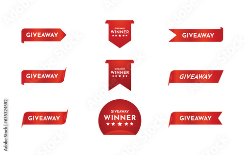 Giveaway tags or labels for social media post. Red announcement 3d banners giveaway contest ribbons