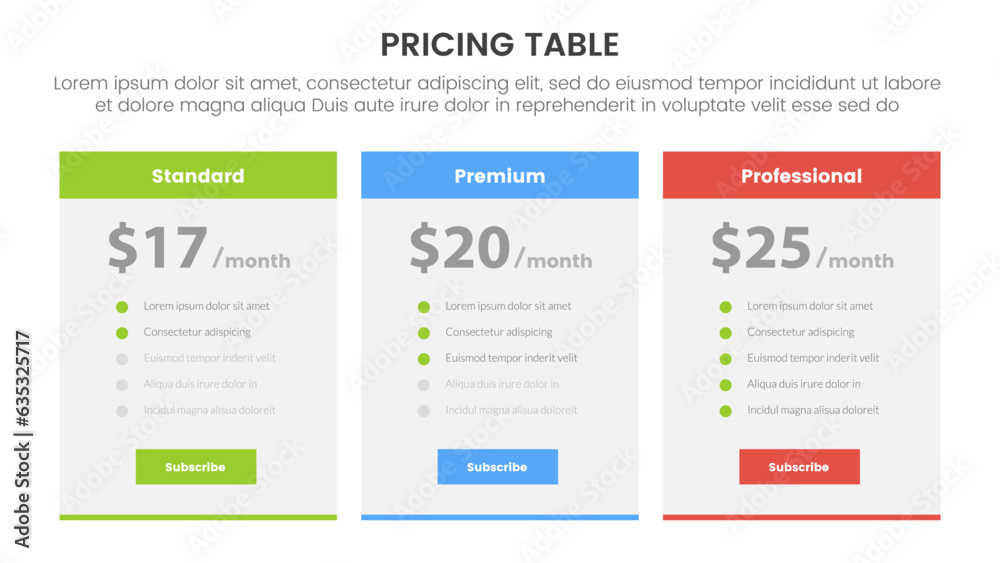 pricing table or price comparison infographic 3 point stage template with boxed table and header title for slide presentation