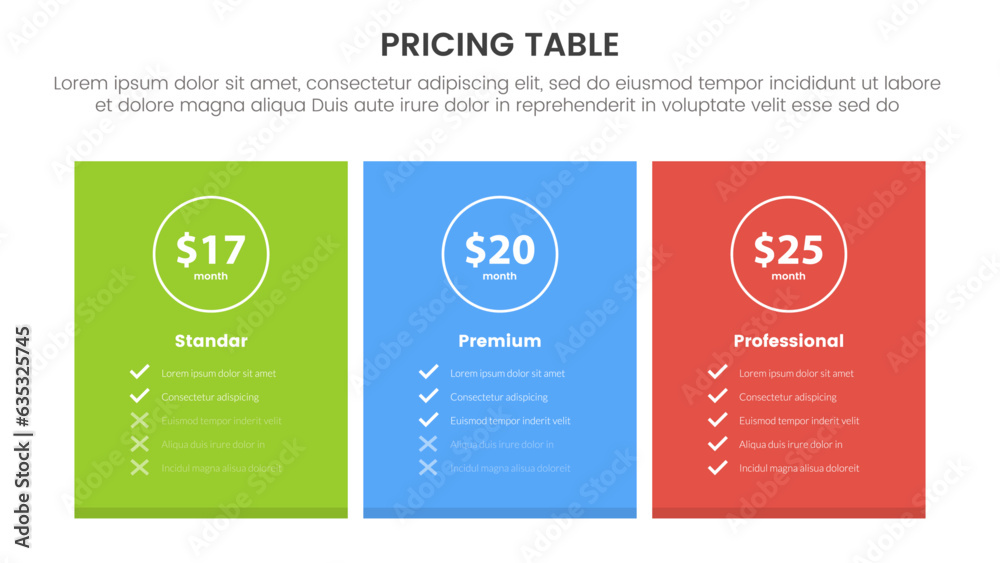 pricing table or price comparison infographic 3 point stage template ...