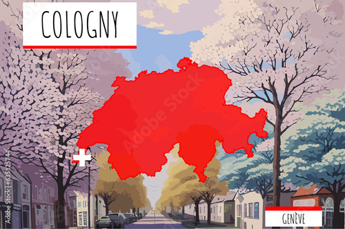 Cologny on a Swiss map with a scene in Switzerland photo