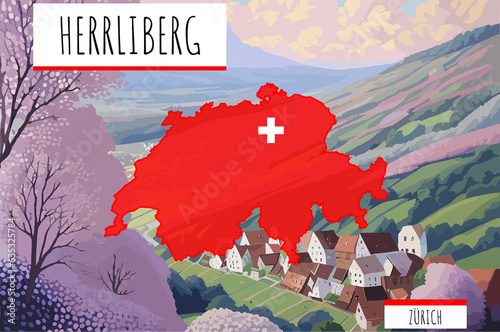 Herrliberg on a Swiss map with a scene in Switzerland photo