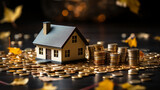 House model and coins on a dark background. Saving money for a dream home.