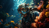 The face of a male scuba diver in a mask and diving suit scuba diving underwater. Close view. non-existent person. AI generated