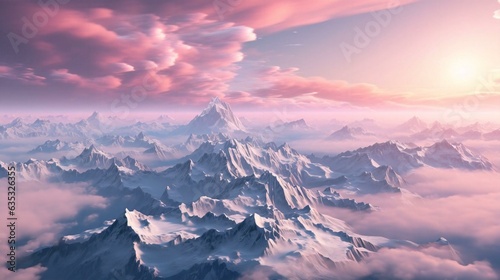 Top view of high mountains with snow caps on the peaks in nature against a pink beautiful sky, view from a drone. AI generated