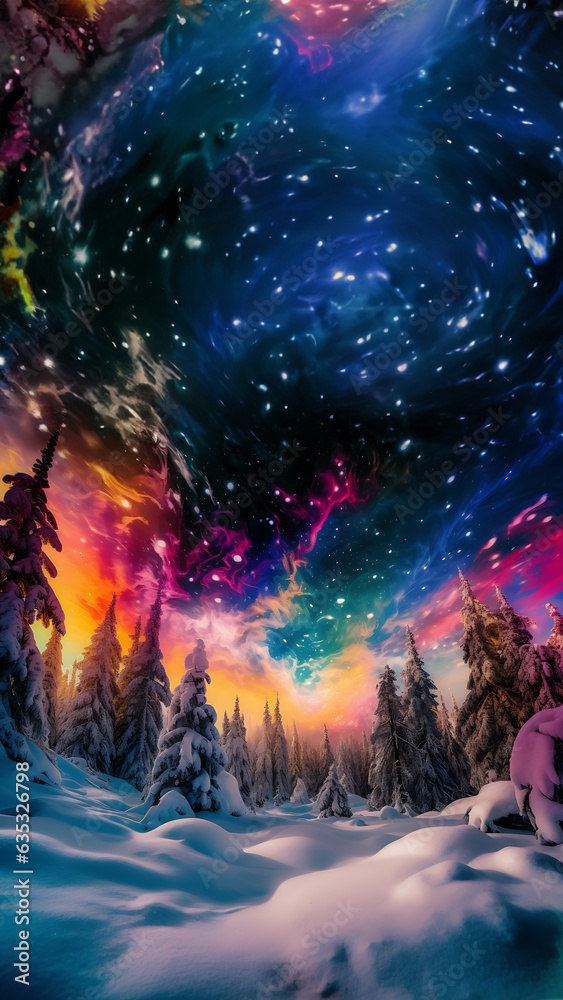Obraz premium Psychedelic Snow or Trance Christmas landscape background. Vertical Christmas background 4k