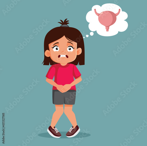 Little Girl Holding her Tummy Urging to Pee Vector Cartoon Illustration. Unhappy kid dealing with urinary incontinence 
