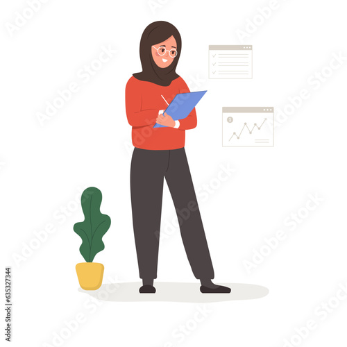 Female entrepreneur. Successful arab woman standing with tablet in hands. Modern office worker or business expert. Vector illustration in flat cartoon style.