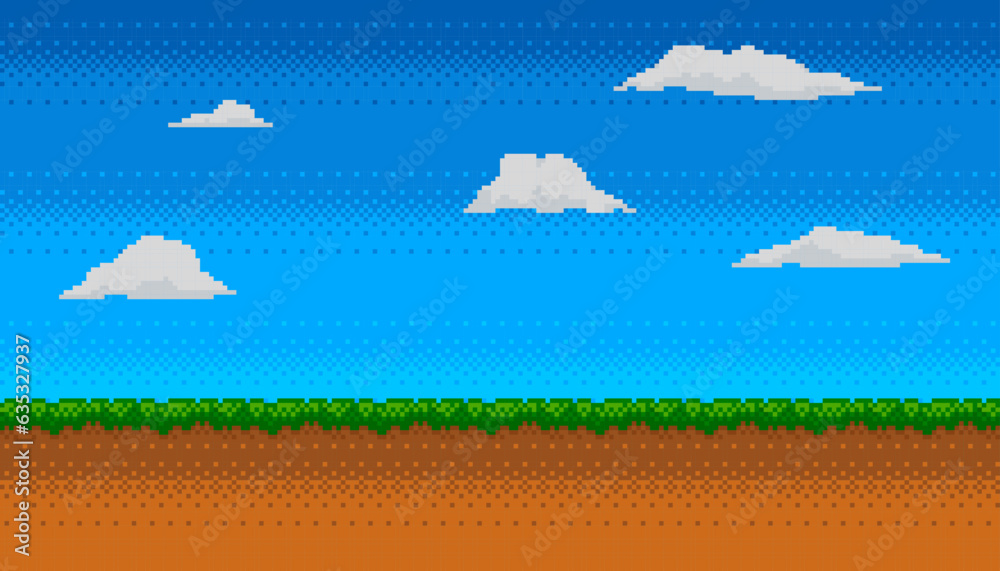 Pixel art background with grass, sky and clouds. Retro 8 bit video game ...