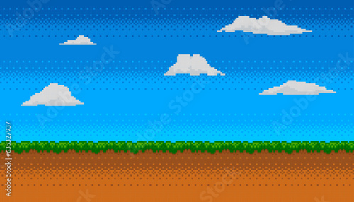 Pixel art background with grass, sky and clouds. Retro 8 bit video game screen. Vector illustration.