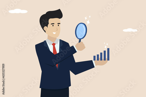 Company transparency, business or financial report, data information or statistic, looking for market growth or economic concept, businessman looking through magnifying glass analysis chart.