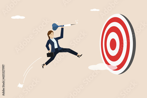 Ambitious courage to achieve goals, business challenges and aiming at targets, achieving targets or goals concept, courageous businesswoman jumping to achieve targets.