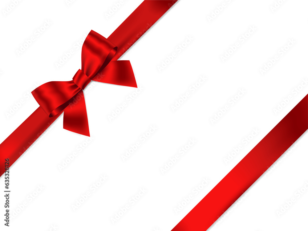Red Ribbon Bow Realistic shiny satin with shadow ribbon place on corner of paper for decorate your wedding invitation card ,greeting card or gift boxes vector EPS10 isolated on white background. Red Ribbon Bow Realistic shiny satin with shadow ribbon place on corner of paper for decorate your wedding invitation card ,greeting card or gift boxes vector EPS10 isolated on white background.