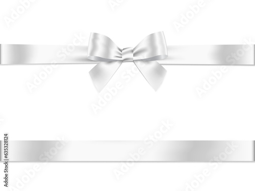 White ribbon bow realistic shiny satin Horizontal ,for decorate gift wrapping or card design , vector EPS10 design with copy space for your texts ,isolated on white background.