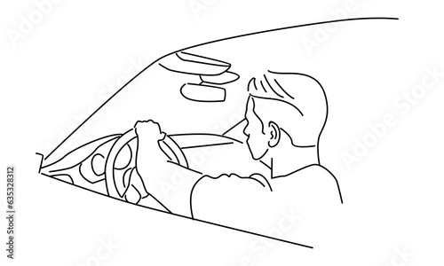 line art of driver holds steering wheel