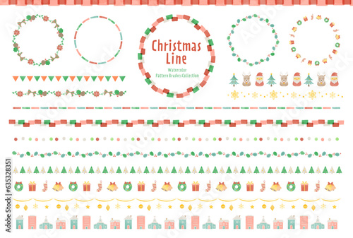 クリスマスの水彩風ラインセット / パターンブラシ有り / 飾り罫、線、イラスト、あしらい、フレーム、素材、12月、サンタクロース,クリスマスツリー