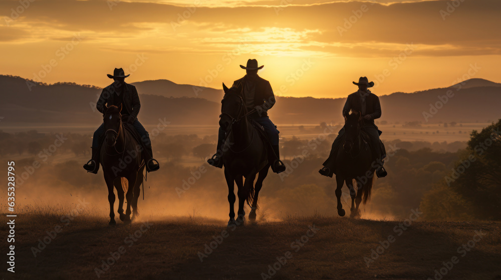 Cowboy riding horse together on the little hill during sunrise on farm