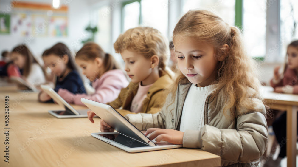the children using education tablet in the classroom the children using education tablet in the classroom