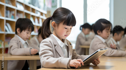 the children using education tablet in the classroom