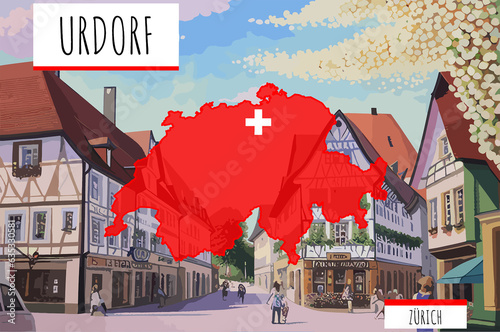 Urdorf on a Swiss map with a scene in Switzerland photo