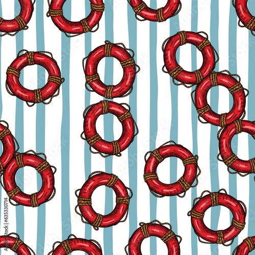 Vintage lifebuoy with rope sketch seamless pattern. Hand drawn life ring in engraving style wallpaper.
