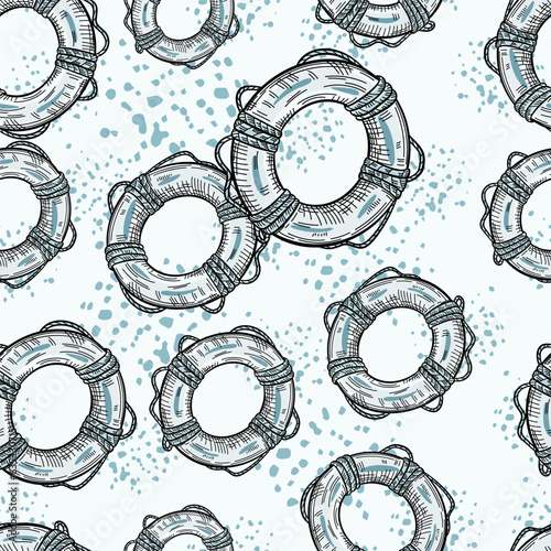 Vintage lifebuoy with rope sketch seamless pattern. Hand drawn life ring in engraving style wallpaper.