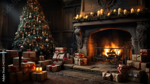 New Year's tree with presents in front of the old fireplace from which the fire burns, Santa Claus and New Year's morning are welcomed