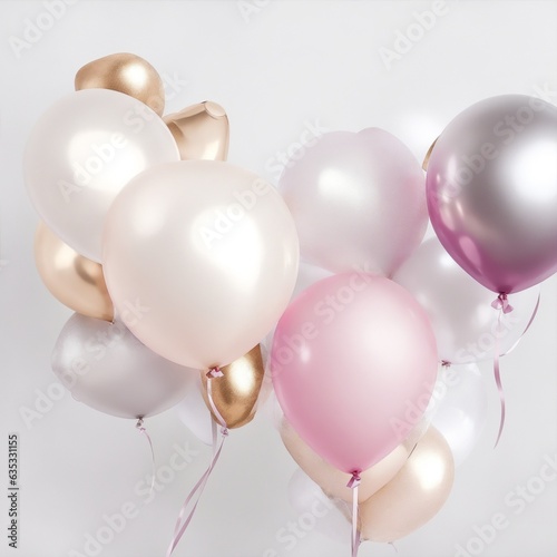 pink white silver and golden balloons on white background. birthday, wedding or other events Generative AI