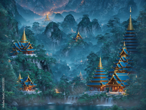 View of beautiful Thai temples nestled amidst the breathtaking nature of mountains, lush forests, and cascading waterfalls creates a harmonious and spiritual sanctuary. © DSM