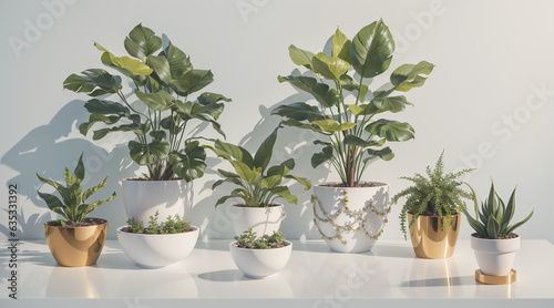 Beautiful plants nestled in pristine white pots come alive with vibrancy under the warm embrace of sunlight.