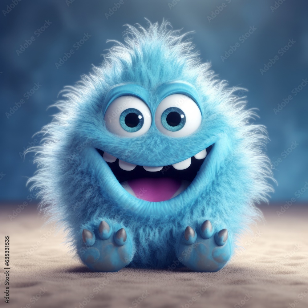 Cute blue furry monster 3D cartoon character