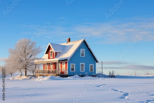 Winter house in mountain snow panoramic landscape. Traditional house in the winter snow