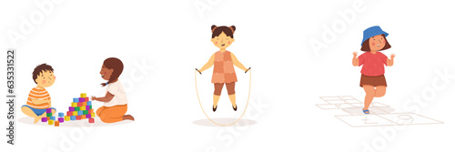 Children playing with blocks, asian girl jumping rope and girl playing hopscotch vector set. Multiculturalism and diversity. Vector illustration. Summer activities. Children playing outside. Funny