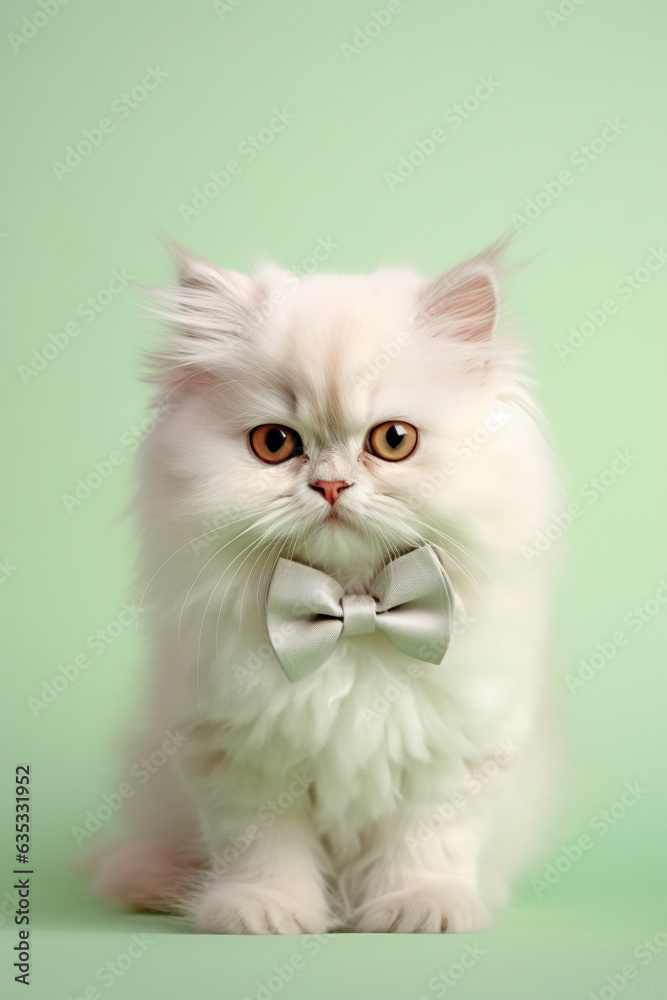 Persian cat with bowtie on pastel background