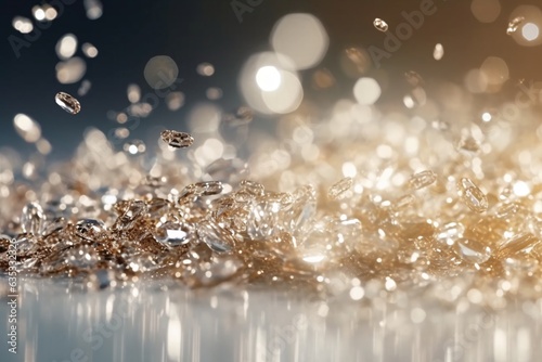 Abstract background. Golden tinsel background. Abstract background with bokeh defocused lights and glittering particles. Precious Dust. Splash of gems. Selective focus. Artistic blur. 3d rendering, 3d