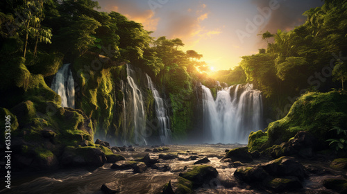 The serene beauty of a cascading waterfall surrounded by lush greenery, using a wide-angle lens at sunrise to create a tranquil and immersive image that transports viewers to the heart of nature