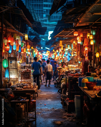 The bustling streets of a vibrant night market, capturing the vibrant colors and the lively atmosphere, while emphasizing the intricate details of the stalls and the people's interactions © Kayla