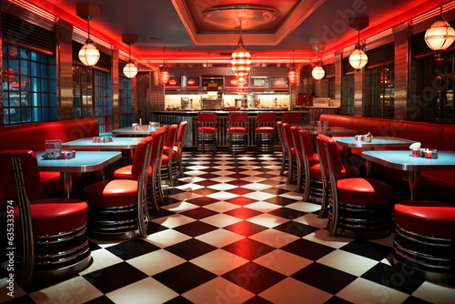 A classic diner capturing the essence of the 1950s, showcasing the checkerboard floors, chrome accents, and the warmth of the neon signs