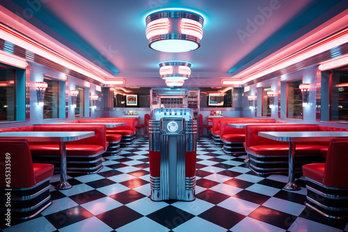 A classic diner  capturing the essence of the 1950s, showcasing the checkerboard floors, chrome accents, and the warmth of the neon signs