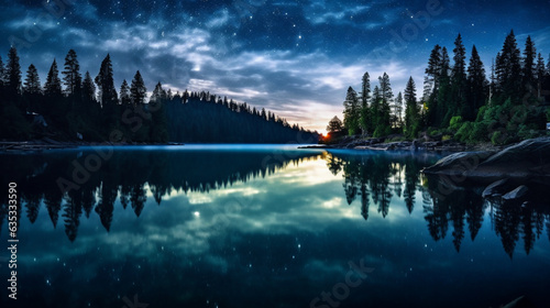 The awe-inspiring vastness of a starry night sky over a calm lake  using a long exposure and a wide-aperture lens to capture the Milky Way s brilliance and its reflection on the tranquil waters below