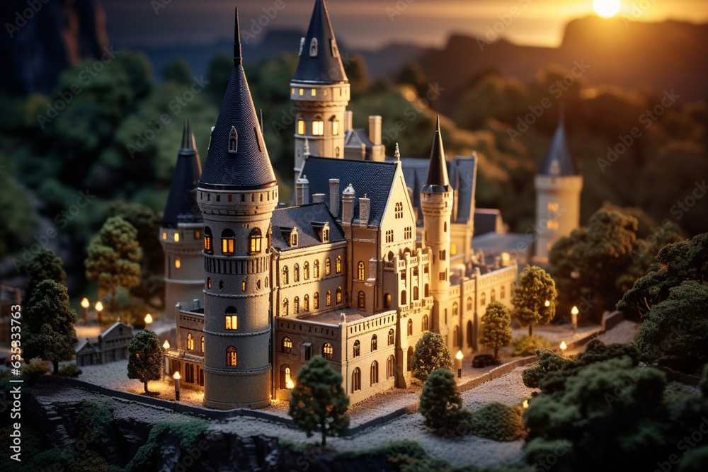 The mysterious charm of an ancient castle at twilight, employing a tilt-shift lens to create a miniature effect that accentuates the castle's grandeur and the surrounding medieval architecture