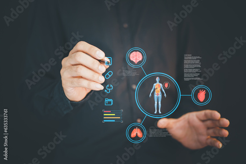 digital health care concept. Medicine doctor touching electronic medical record on virtual screen, Brain Analysis, DNA. Digital healthcare and network connection on modern interface,