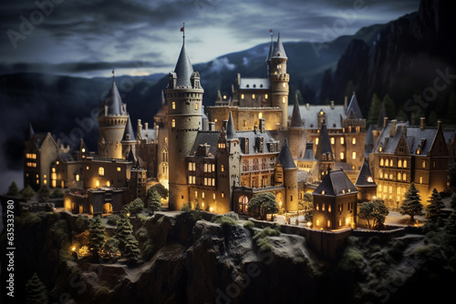 The mysterious charm of an ancient castle at twilight, employing a tilt-shift lens to create a miniature effect that accentuates the castle's grandeur and the surrounding medieval architecture