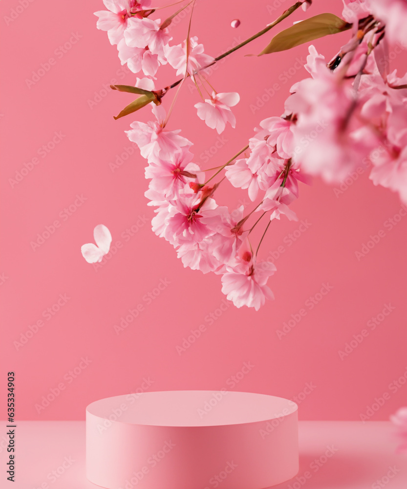 pink podium display. Sakura pink flower falling. Cosmetic or beauty product promotion step floral, pastel pedestal. Abstract minimal advertise. pink podium display. Sakura pink flower falling. Cosmetic or beauty product promotion step floral, pastel pedestal. Abstract minimal advertise.