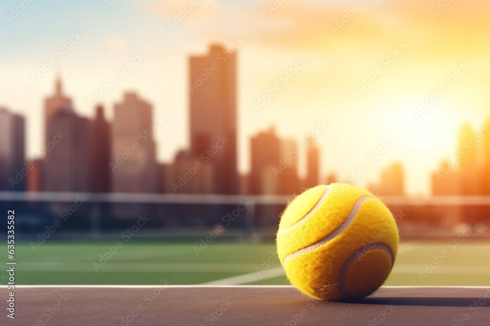 Tennis Banner Featuring a Yellow Tennis Ball on a Blurred Background, Generative Ai