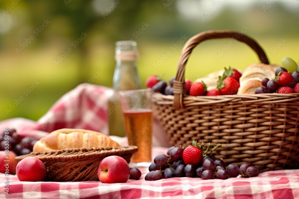 Picnic basket with fruit and vegetables on a blanket in the park. Summer picnic with fresh fruits and croissants in the garden. Selectiv focus. Picnic basket with fruit and vegetables on a blanket in the park. Summer picnic with fresh fruits and croissants in the garden. Selectiv focus.