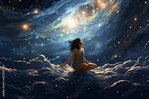 Serene stargazer embraces the celestial night, merging into the universe infinite embrace. Concept of cosmic unity and tranquil immersion within the night sky.