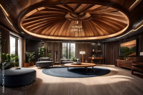 A living room with a circular ceiling and wooden furniture