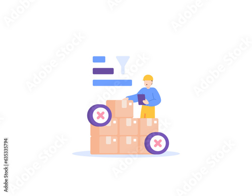 Reject products that do not meet quality standards. QC or quality control. check and control the product quality. sorting boxes or packages. reject goods. illustration concept design. vector elements